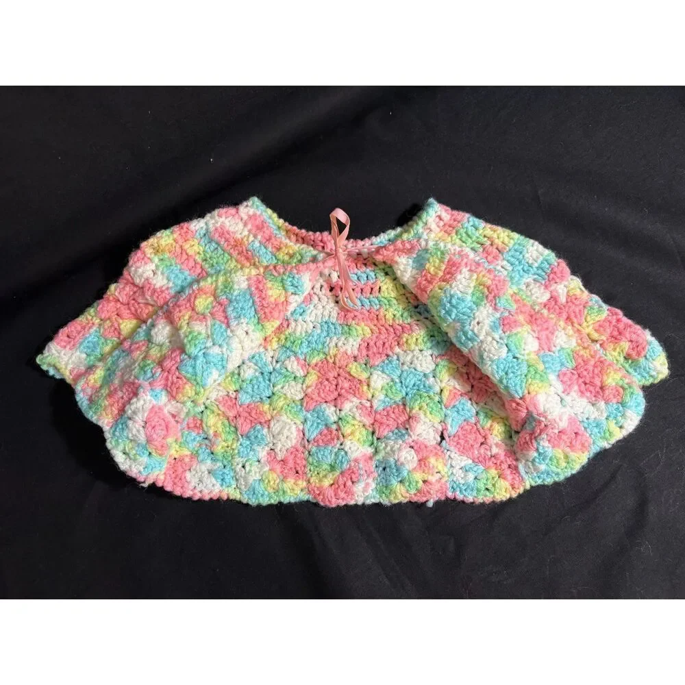 Sweet Vintage Handmade Crochet Baby Cardigan Sweater – Pastel Rainbow/Ribbon Tie